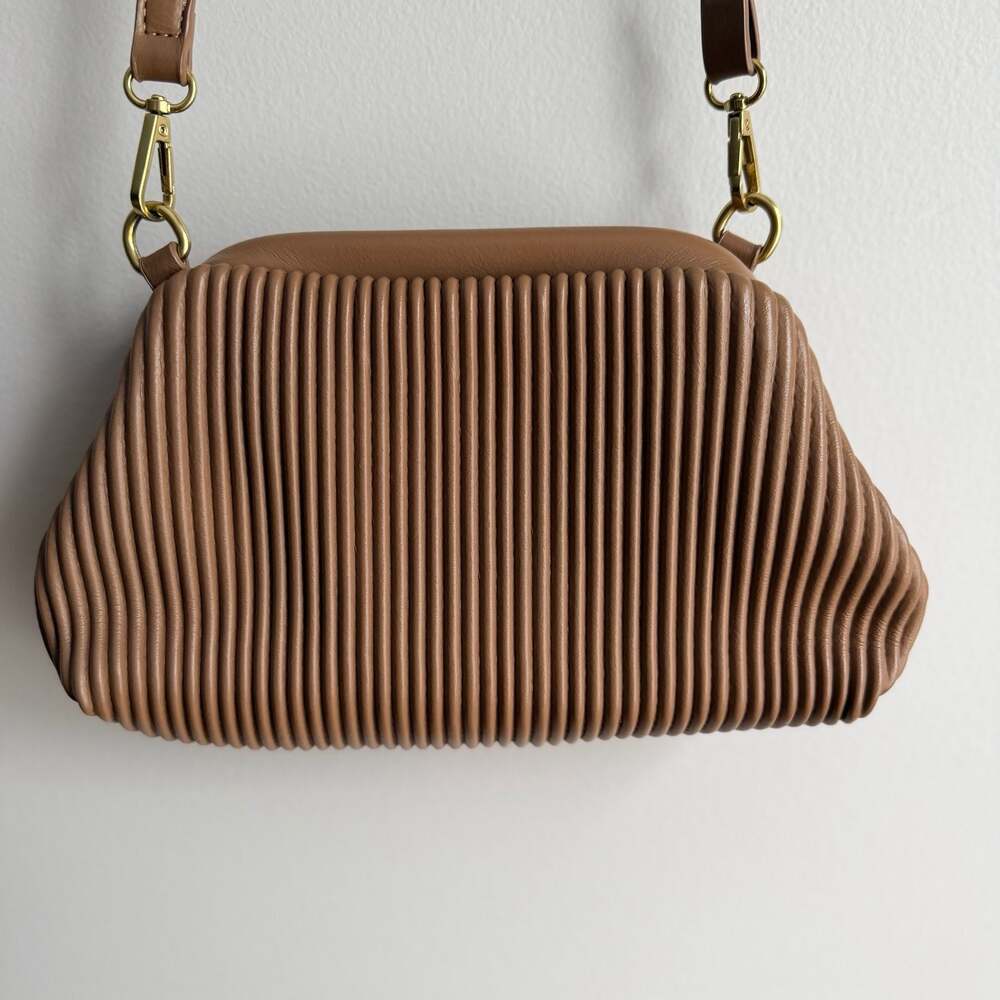 Anthropologie Pleated Vegan Leather Crossbody Clutch Bag in Tan